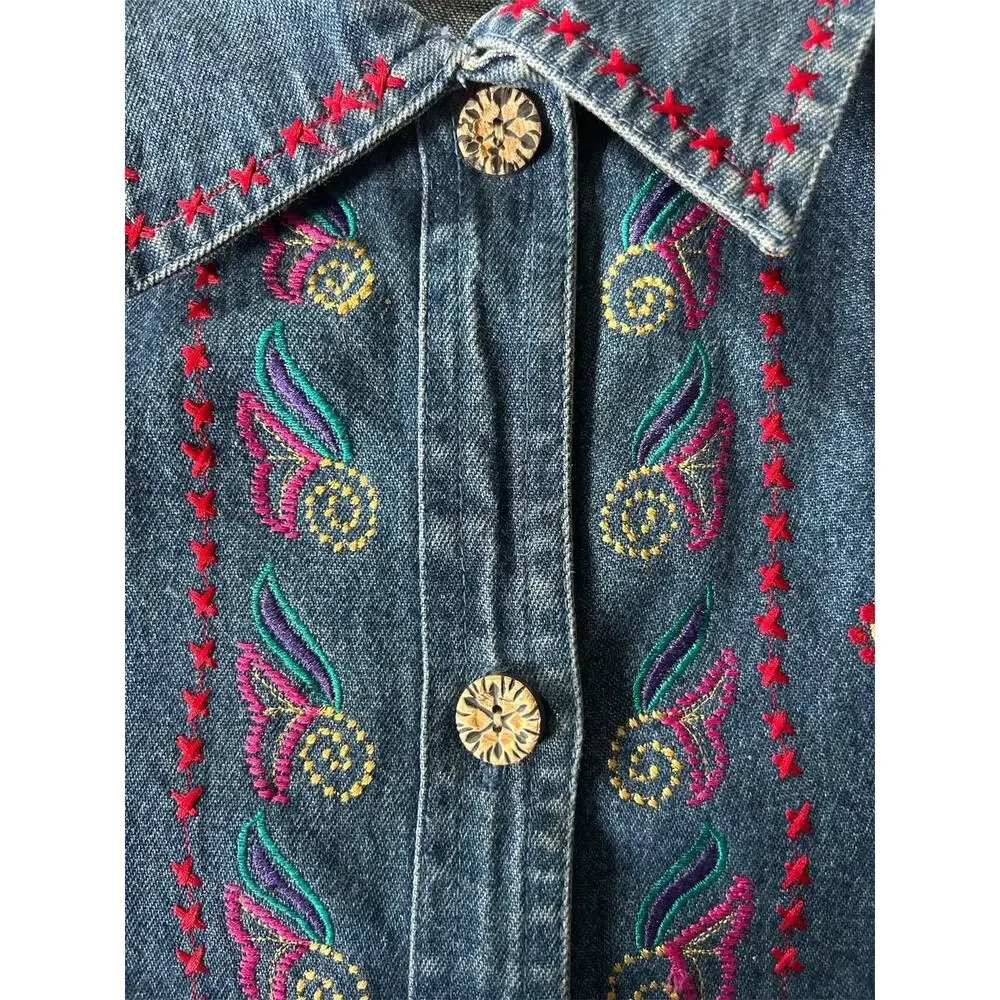 Vintage Coldwater Creek Size Large 100% Cotton‎ Boho Embroidered Denim Jacket